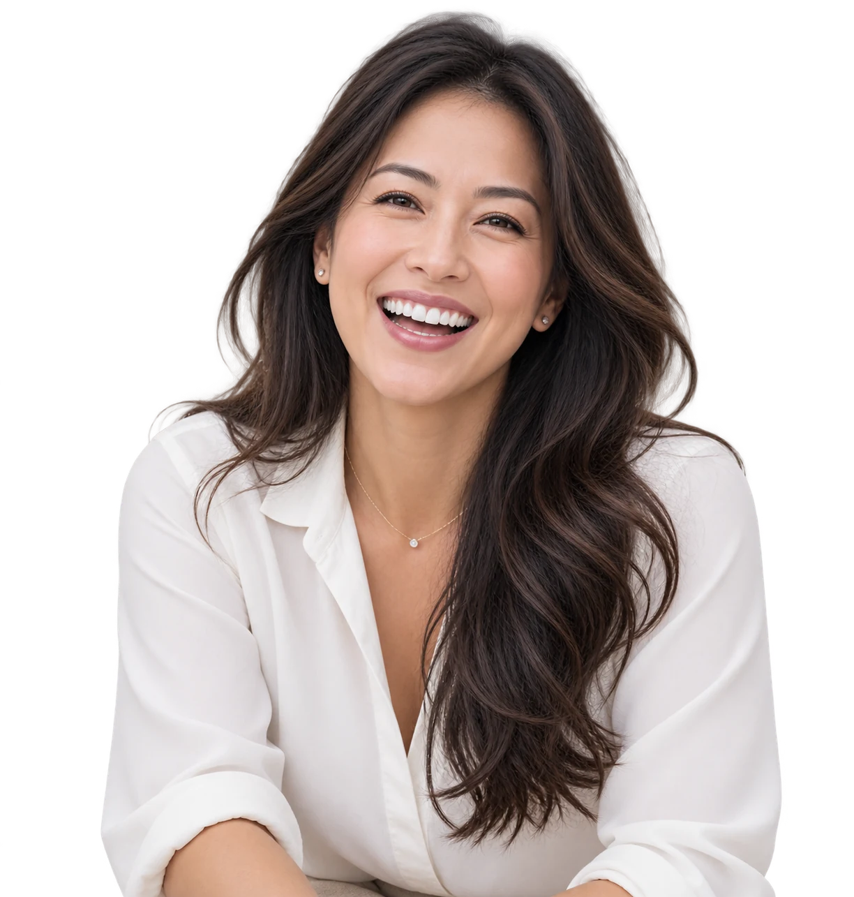 A smiling woman in a cream shirt