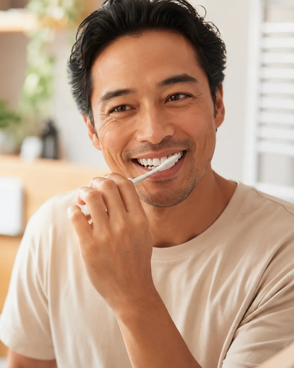 A smiling man brushing his teeth at a bathroom mirror